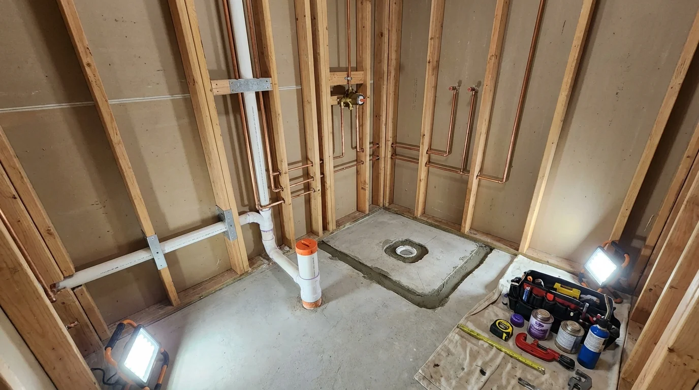 Bathroom rough-in plumbing during remodel by Johns Plumbing LLC in Wailuku