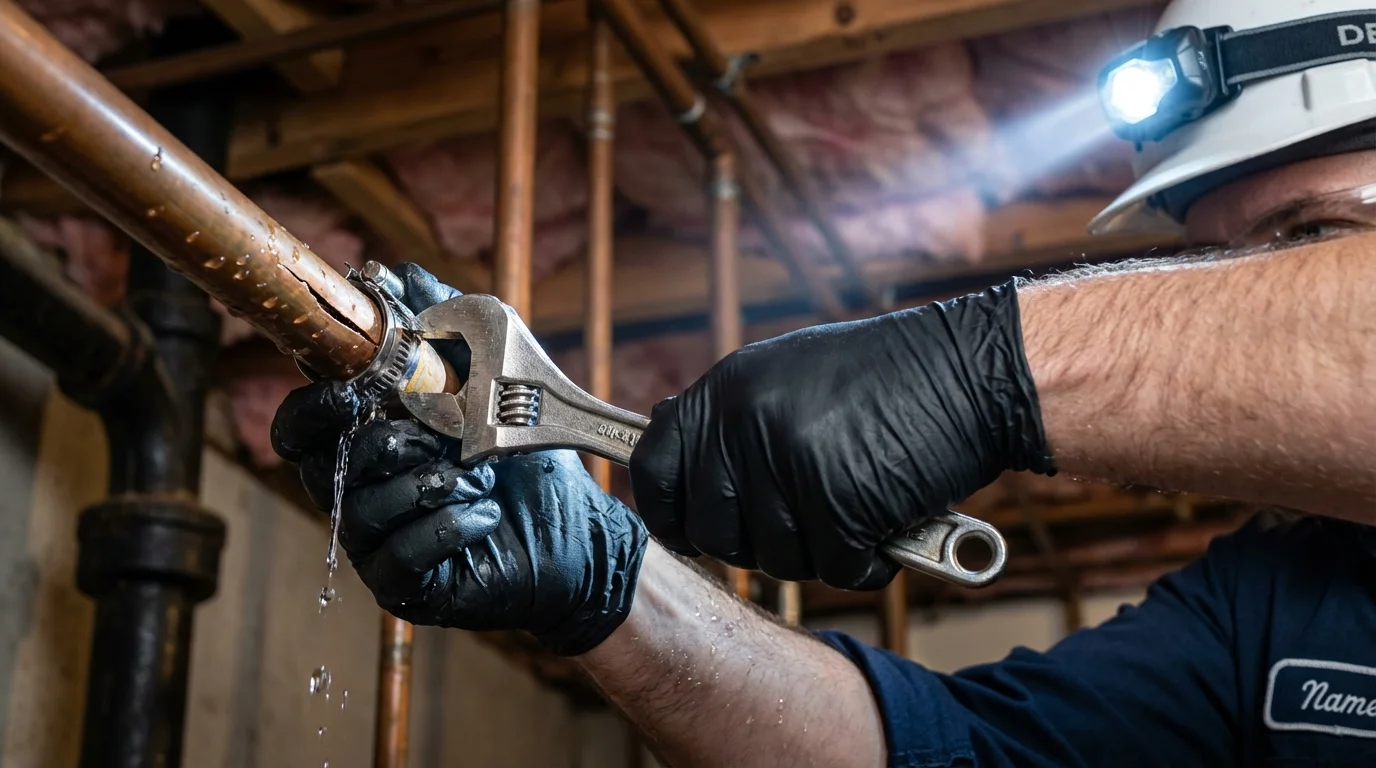 Emergency pipe clamp repair being performed by a Johns Plumbing LLC plumber in Wailuku
