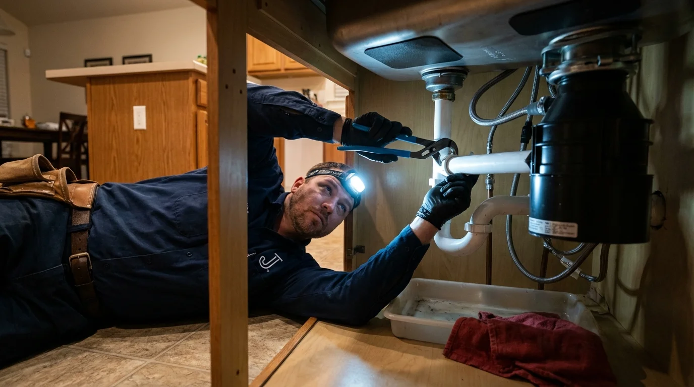 P-trap and supply line connections under a kitchen sink showing a common leak point in Wailuku, HI